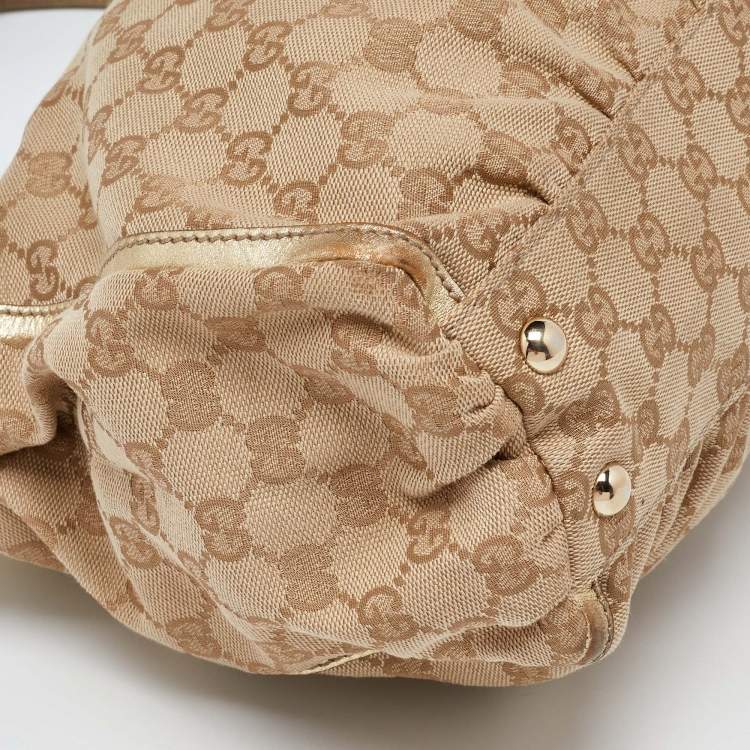 Pre Owned Gucci Beige/Gold GG Canvas and Leather D Ring Satchel