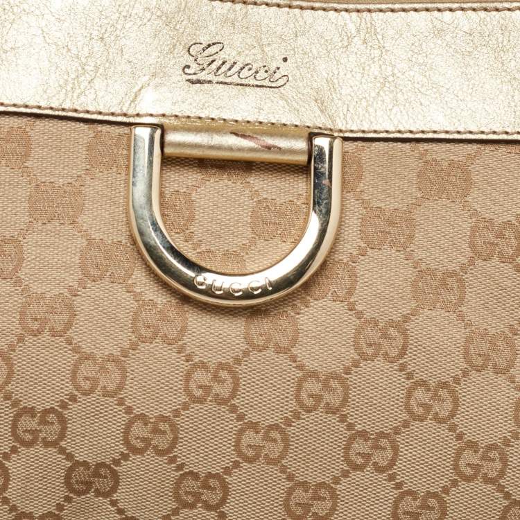 Pre Owned Gucci Beige/Gold GG Canvas and Leather D Ring Satchel