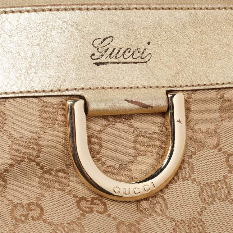 Pre Owned Gucci Beige/Gold GG Canvas and Leather D Ring Satchel
