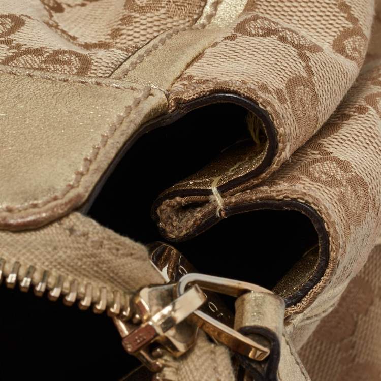 Pre Owned Gucci Beige/Gold GG Canvas and Leather D Ring Satchel