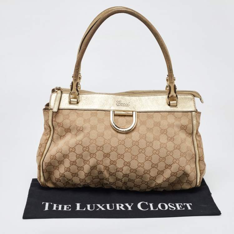 Pre Owned Gucci Beige/Gold GG Canvas and Leather D Ring Satchel
