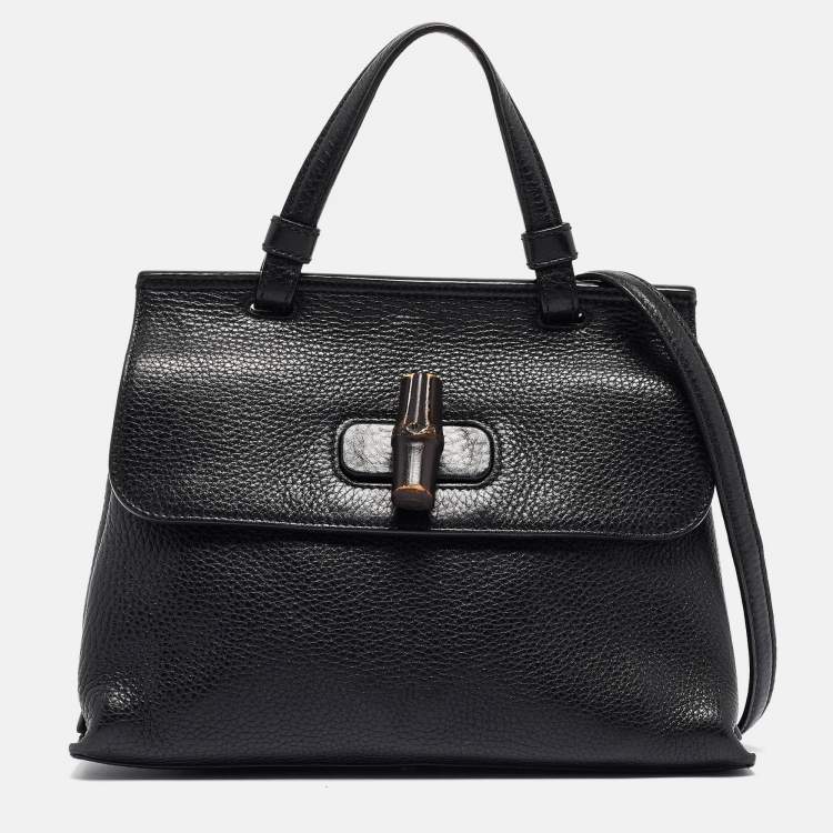 Pre Owned Gucci Black Leather Small Bamboo Daily Top Handle Bag