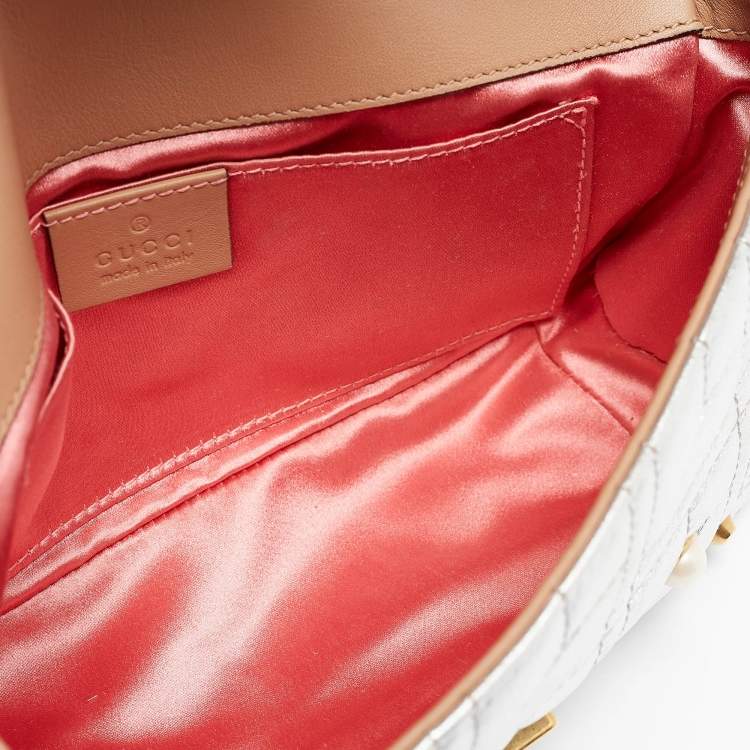 Pre Owned Gucci Silver Matelassé Leather Mini GG Marmont Pearl Shoulder Bag