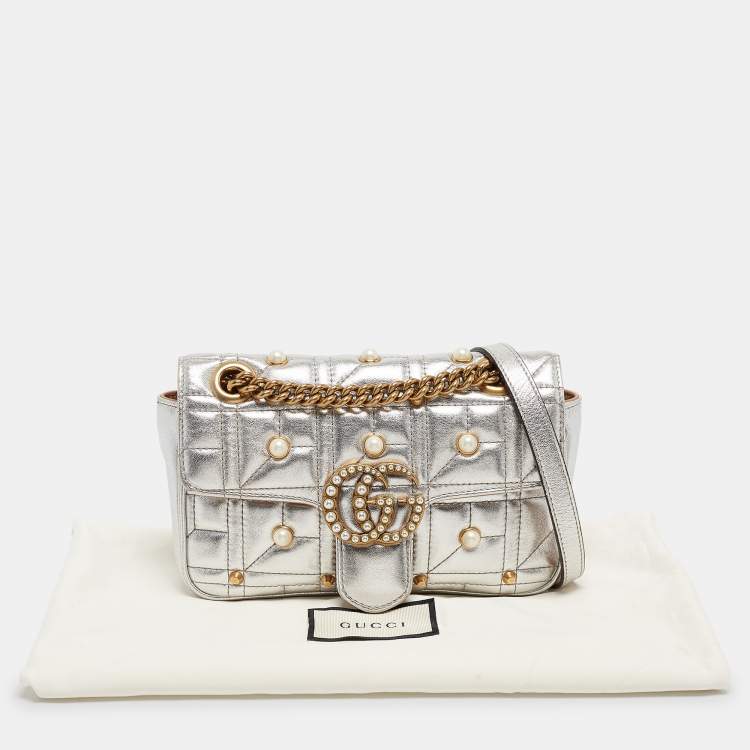 Pre Owned Gucci Silver Matelassé Leather Mini GG Marmont Pearl Shoulder Bag