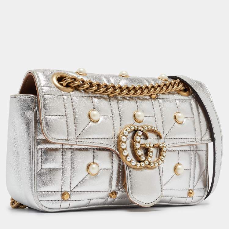 Pre Owned Gucci Silver Matelassé Leather Mini GG Marmont Pearl Shoulder Bag