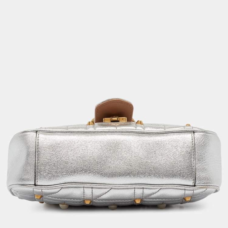Pre Owned Gucci Silver Matelassé Leather Mini GG Marmont Pearl Shoulder Bag