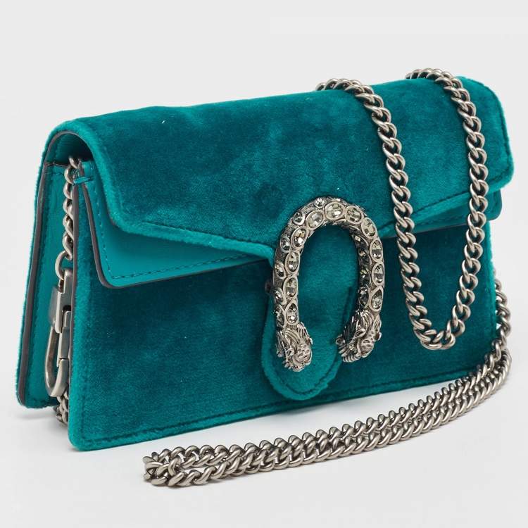 Pre Owned Gucci Teal Velvet and Leather Super Mini Dionysus Shoulder Bag