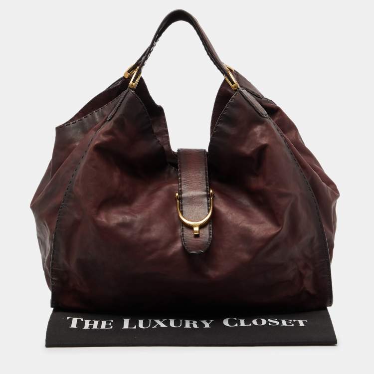 Pre Owned Gucci Two Tone Burgundy Leather Stirrup Shoulder Bag