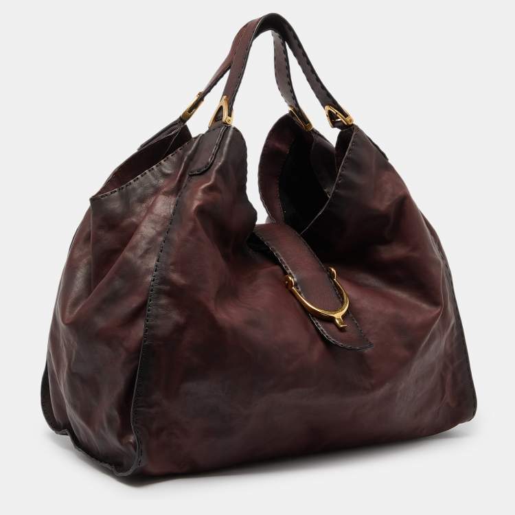 Pre Owned Gucci Two Tone Burgundy Leather Stirrup Shoulder Bag