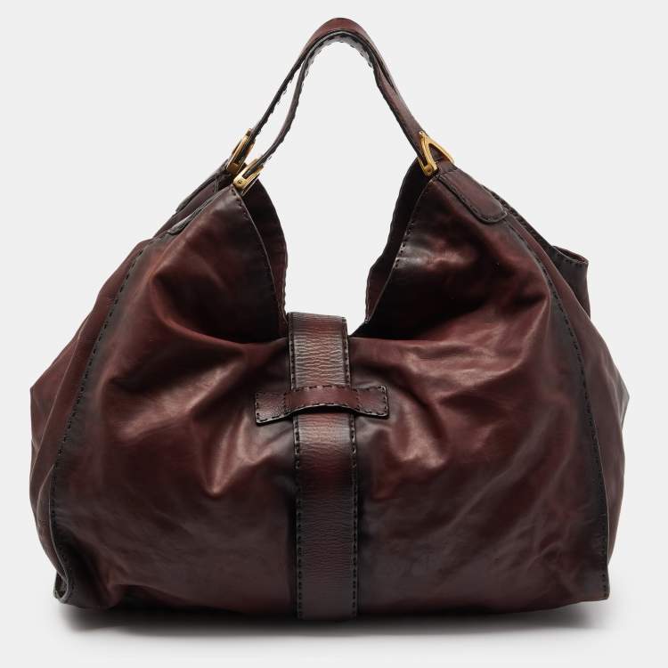 Pre Owned Gucci Two Tone Burgundy Leather Stirrup Shoulder Bag