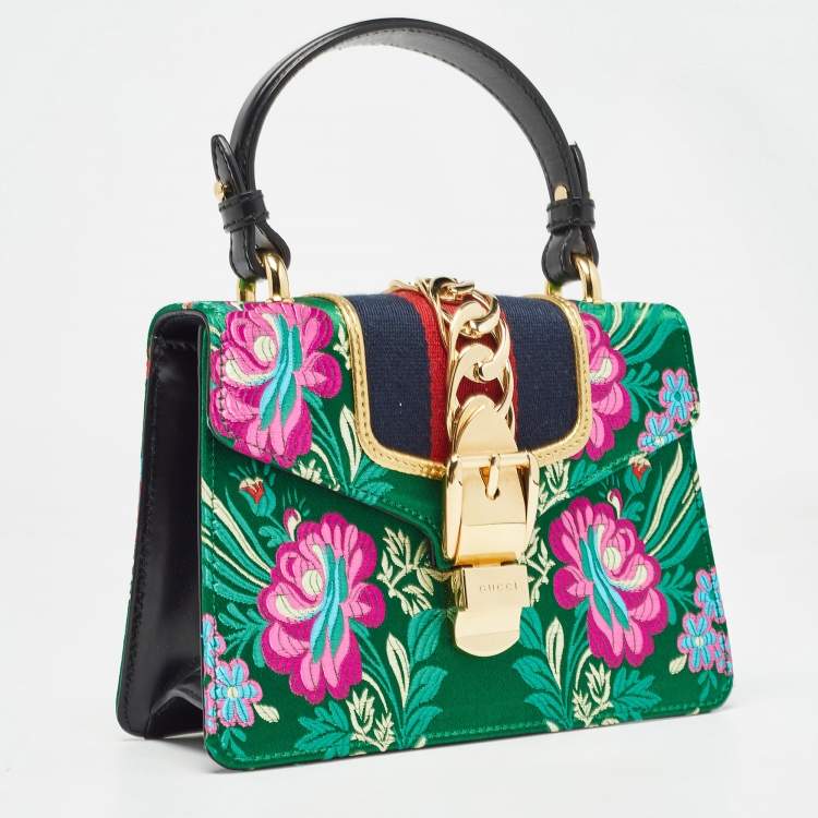 Pre Owned Gucci Multicolor Floral Jacquard Mini Sylvie Top Handle Bag
