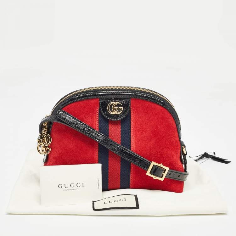Pre Owned Gucci Red/Black Suede and Patent Leather Small  Ophidia Shoulder Bag