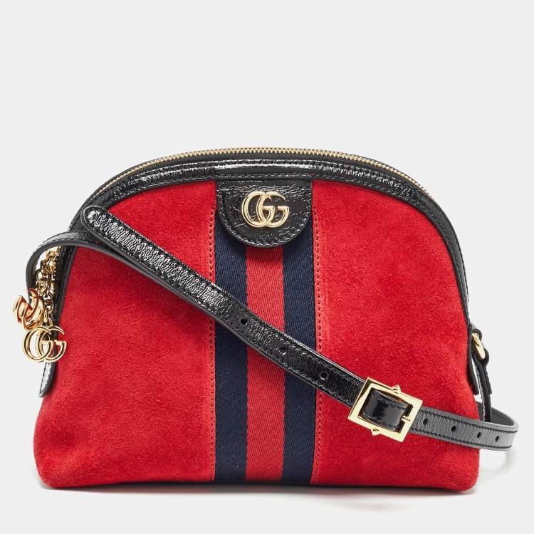 Pre Owned Gucci Red/Black Suede and Patent Leather Small  Ophidia Shoulder Bag