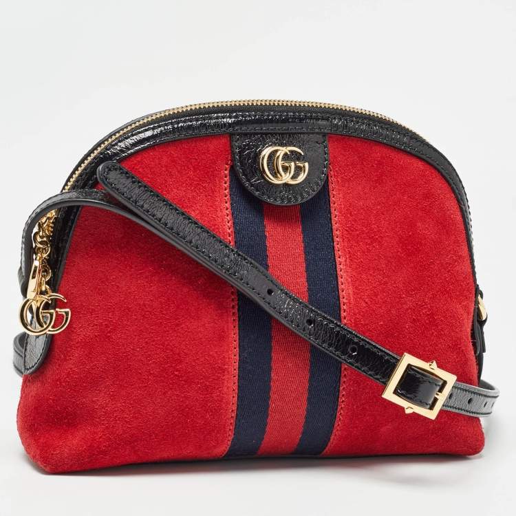 Pre Owned Gucci Red/Black Suede and Patent Leather Small  Ophidia Shoulder Bag