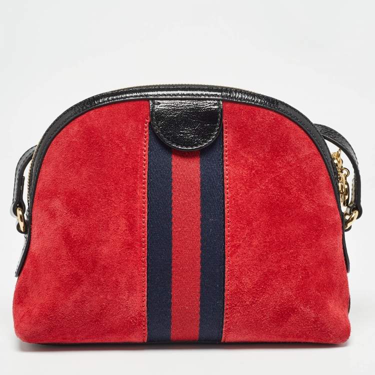 Pre Owned Gucci Red/Black Suede and Patent Leather Small  Ophidia Shoulder Bag