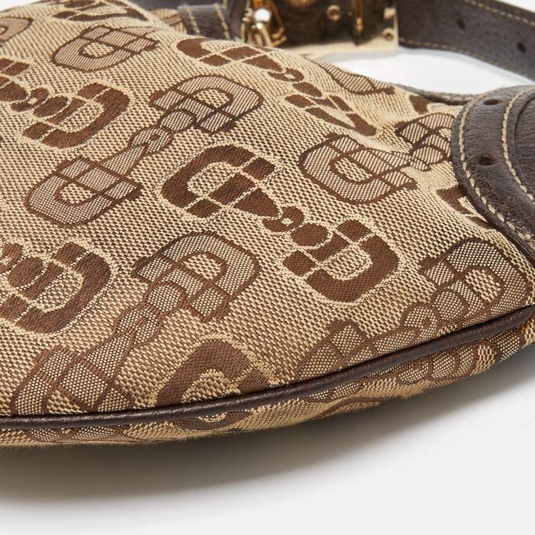 Pre Owned Gucci Beige/Ebony Horsebit Print Canvas and Leather Mini Hobo
