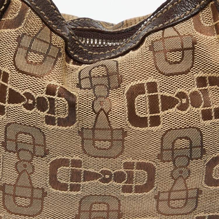 Pre Owned Gucci Beige/Ebony Horsebit Print Canvas and Leather Mini Hobo