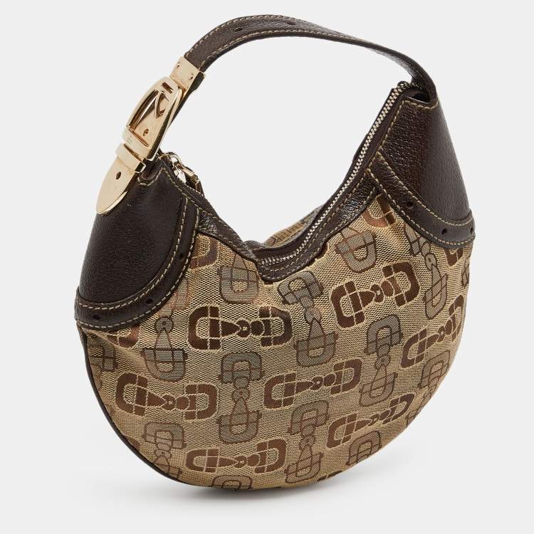 Pre Owned Gucci Beige/Ebony Horsebit Print Canvas and Leather Mini Hobo