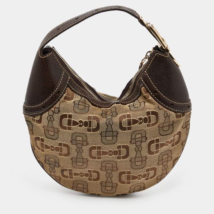 Pre Owned Gucci Beige/Ebony Horsebit Print Canvas and Leather Mini Hobo