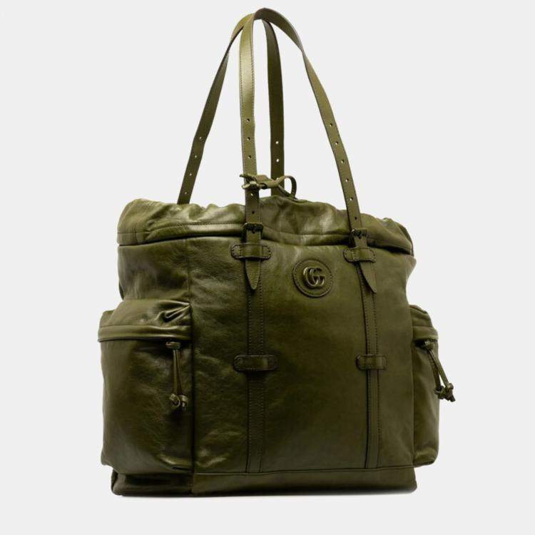 Pre Owned Gucci Green Leather Double G Drawstring Tote Bag