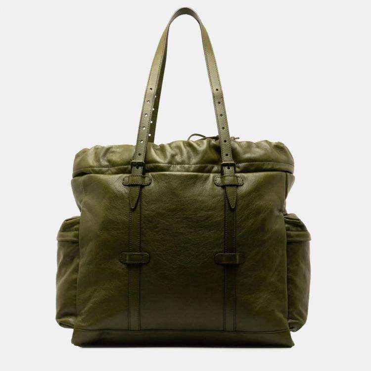 Pre Owned Gucci Green Leather Double G Drawstring Tote Bag