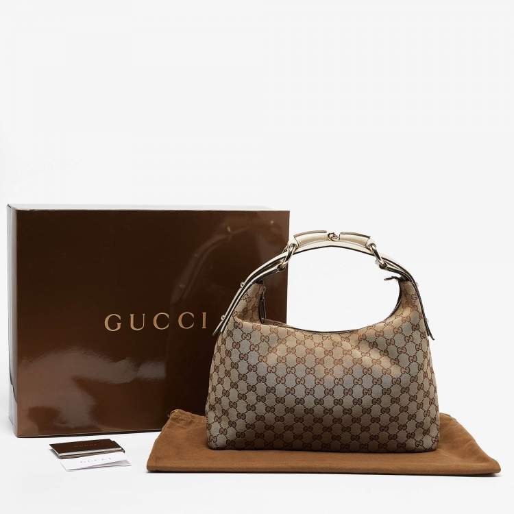 Pre Owned Gucci White/Beige GG Canvas Medium Horsebit Hobo
