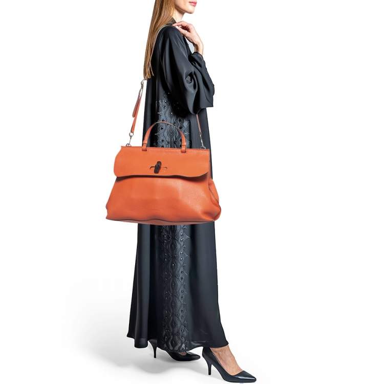 Pre Owned Gucci Orange Leather Large Bamboo Daily Top Handle Bag