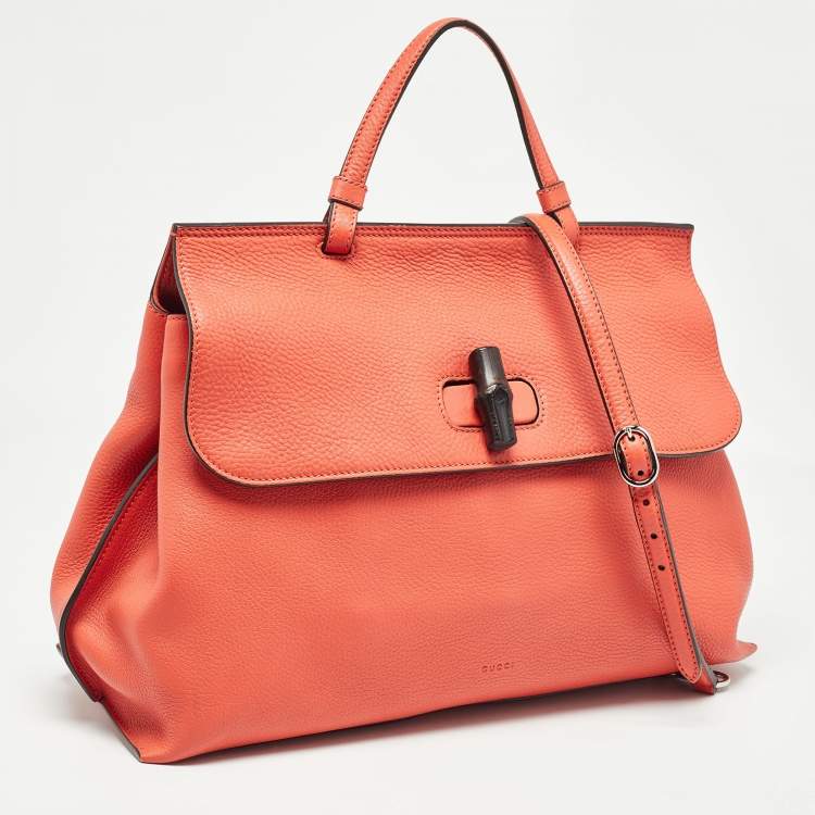 Pre Owned Gucci Orange Leather Large Bamboo Daily Top Handle Bag