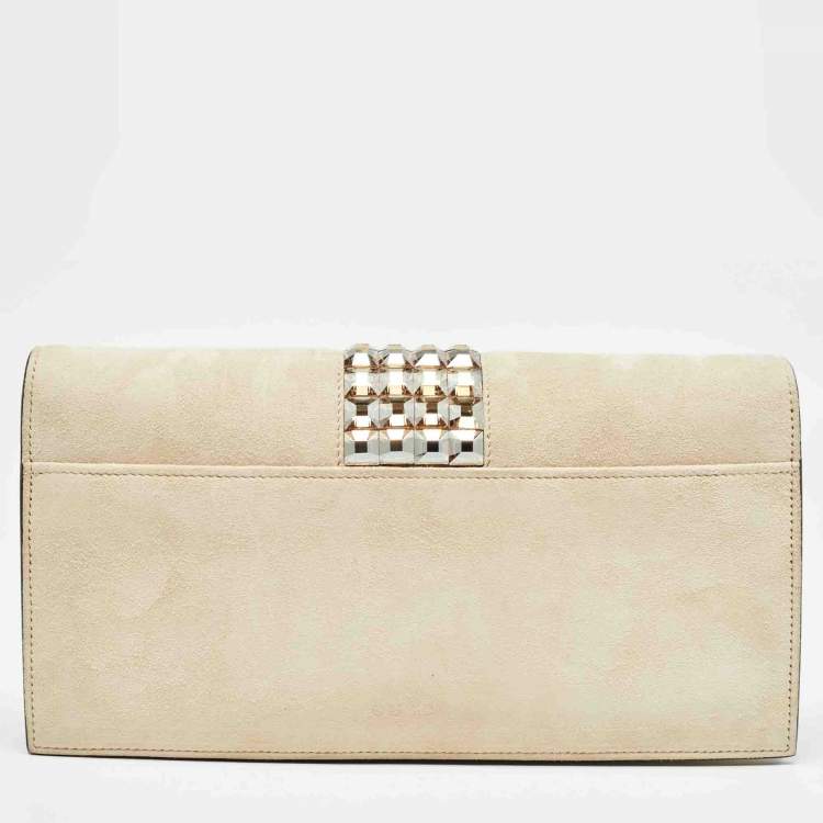 Pre Owned Gucci Beige Suede Crystals Embellished Flap Chain Clutch