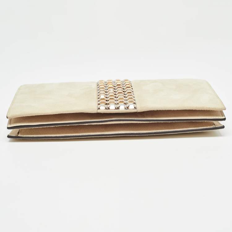 Pre Owned Gucci Beige Suede Crystals Embellished Flap Chain Clutch