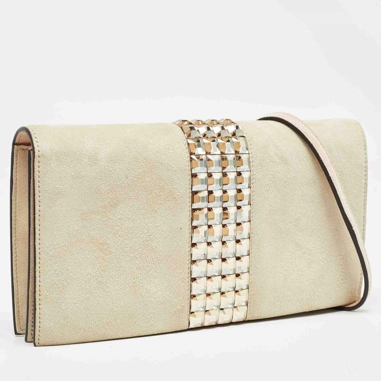 Pre Owned Gucci Beige Suede Crystals Embellished Flap Chain Clutch