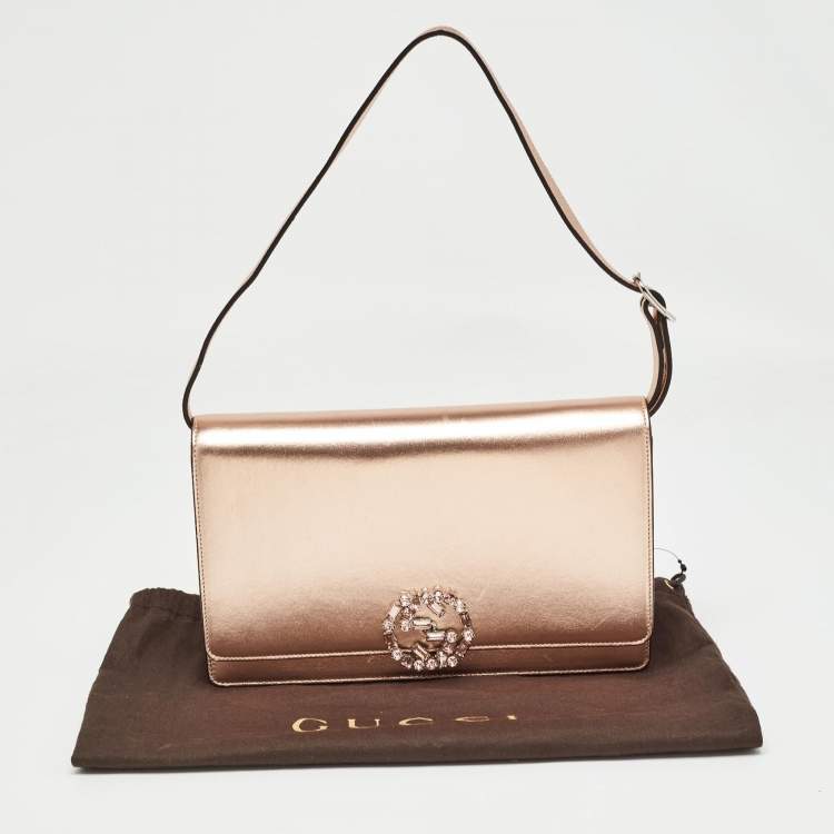 Pre Owned Gucci Rose Gold Leather Crystals Broadway Clutch Bag