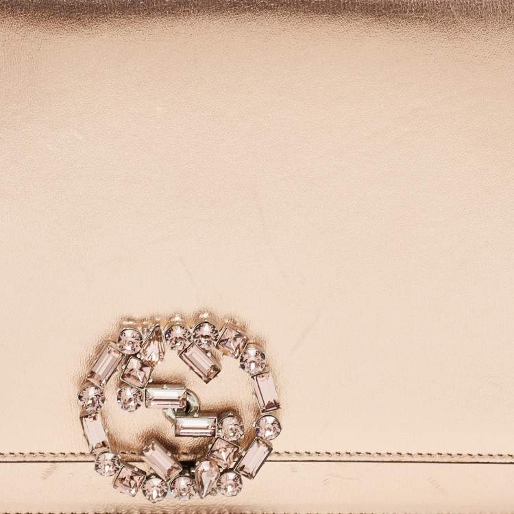 Pre Owned Gucci Rose Gold Leather Crystals Broadway Clutch Bag