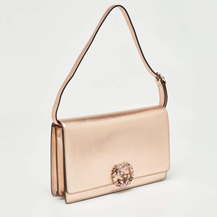 Pre Owned Gucci Rose Gold Leather Crystals Broadway Clutch Bag
