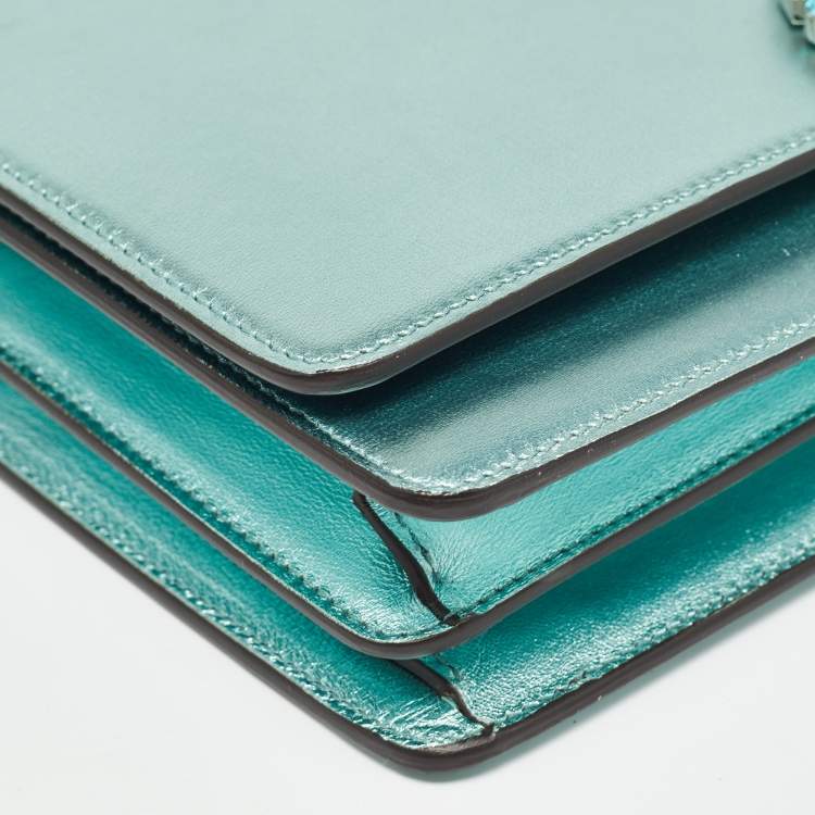 Pre Owned Gucci Metallic Mint Green Leather Crystals Broadway Clutch Bag