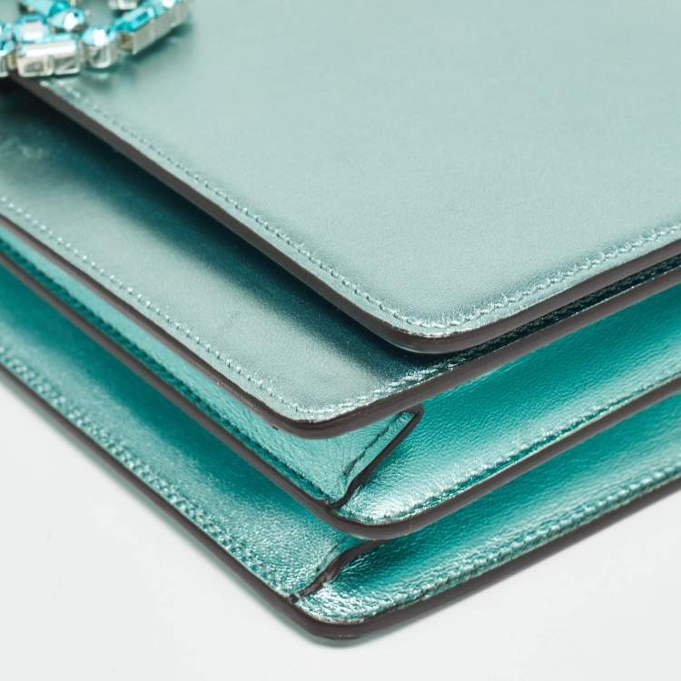 Pre Owned Gucci Metallic Mint Green Leather Crystals Broadway Clutch Bag