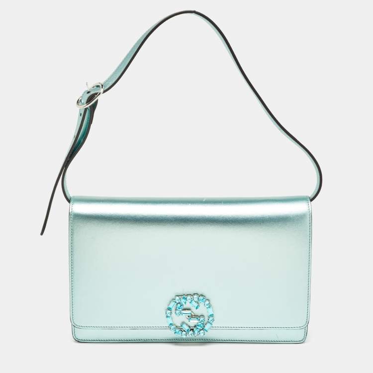 Pre Owned Gucci Metallic Mint Green Leather Crystals Broadway Clutch Bag