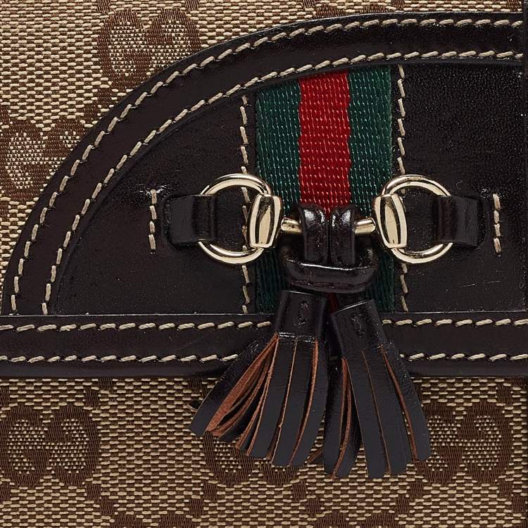 Pre Owned Gucci Beige/Brown GG Canvas and Leather Horsebit Tassel Continental Wallet