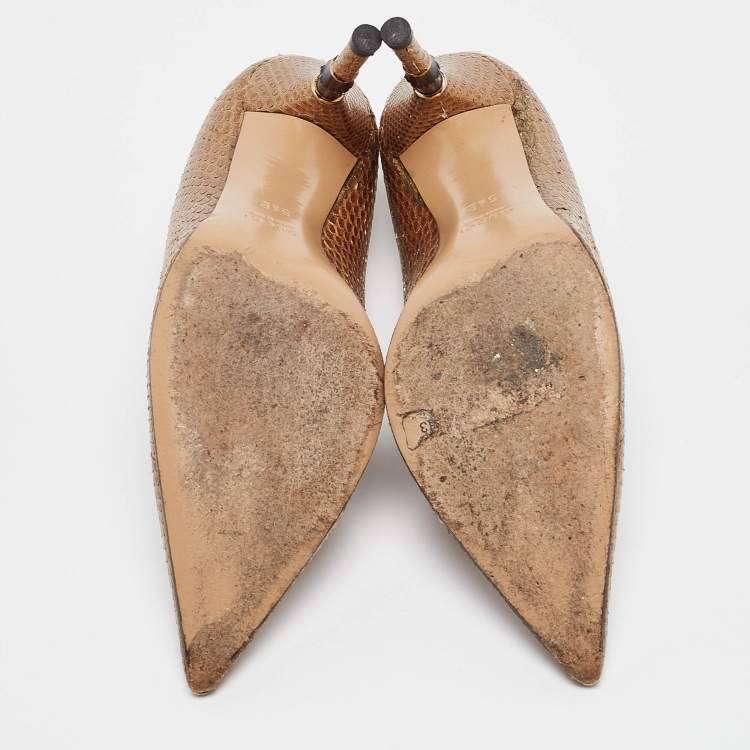Pre Owned Gucci Metallic Gold Snakeskin Bamboo Heel Pumps Size 36