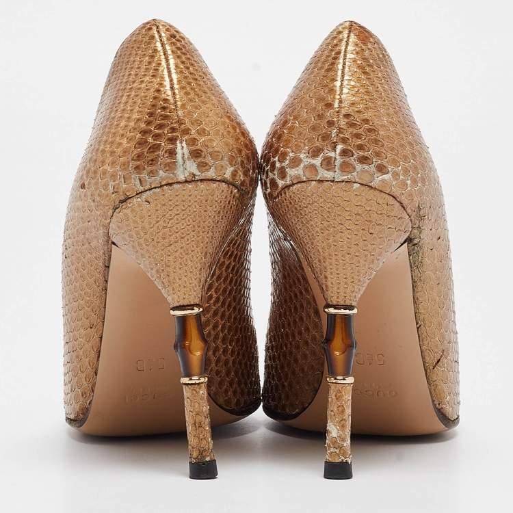 Pre Owned Gucci Metallic Gold Snakeskin Bamboo Heel Pumps Size 36