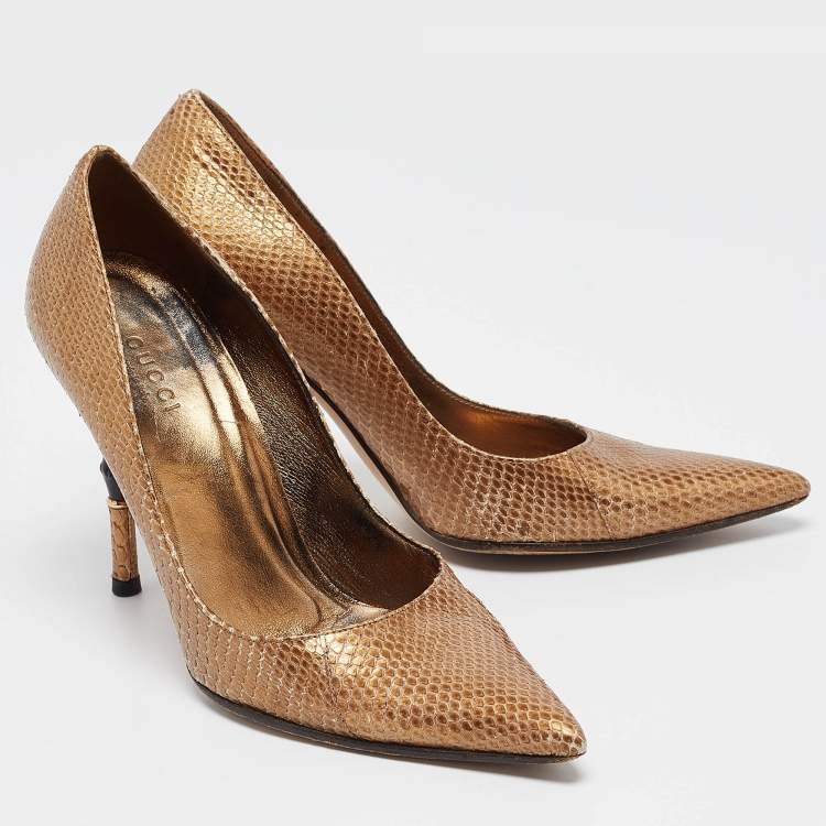 Pre Owned Gucci Metallic Gold Snakeskin Bamboo Heel Pumps Size 36