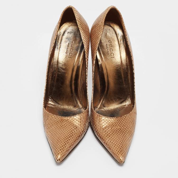 Pre Owned Gucci Metallic Gold Snakeskin Bamboo Heel Pumps Size 36