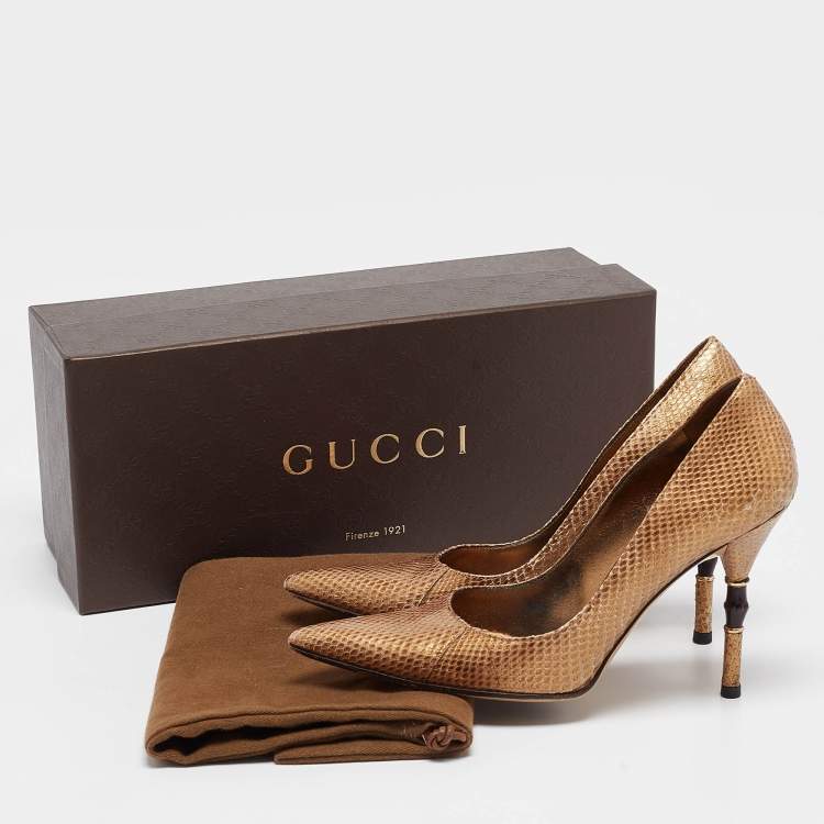 Pre Owned Gucci Metallic Gold Snakeskin Bamboo Heel Pumps Size 36