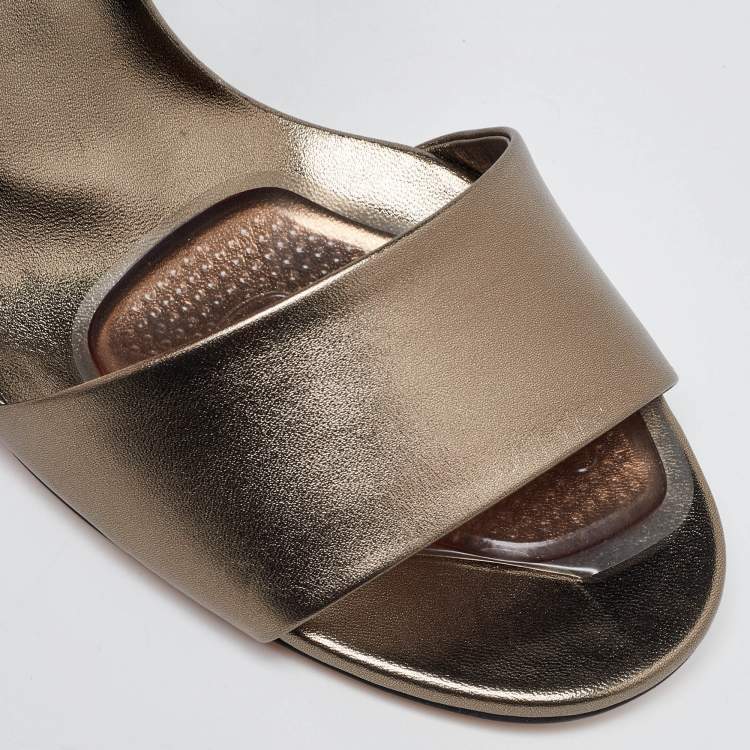 Pre Owned Gucci Metallic Leather Crystal Embellished Interlocking G Ankle Strap Sandals Size 40.5