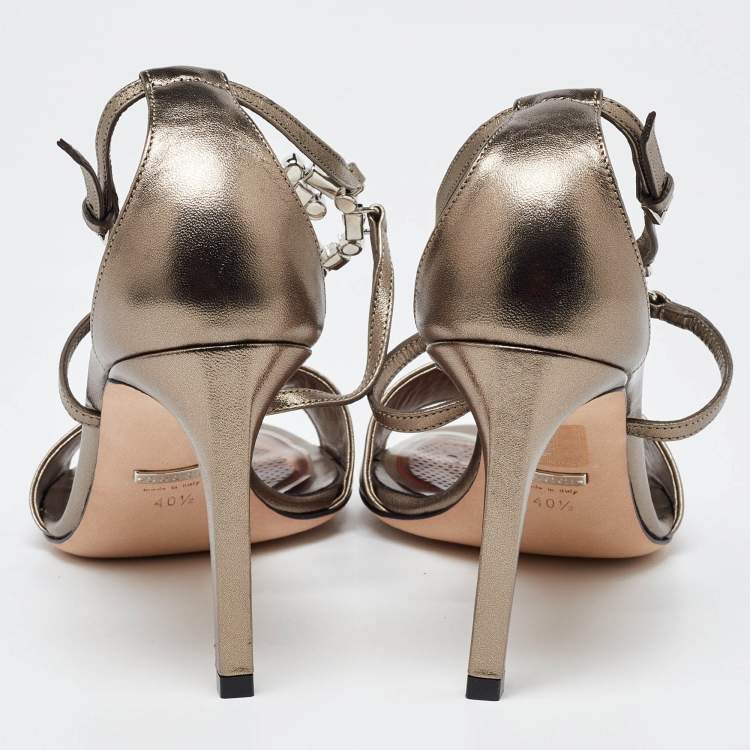 Pre Owned Gucci Metallic Leather Crystal Embellished Interlocking G Ankle Strap Sandals Size 40.5