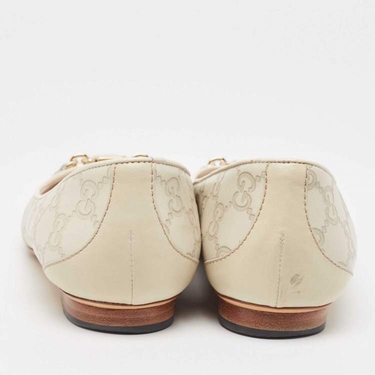 Pre Owned Gucci Cream Monogram Leather Cap Toe Ballet Flats Size 38