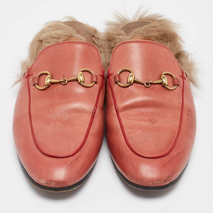 Pre Owned Gucci Pink Leather Princetown Flat Mules Size 37