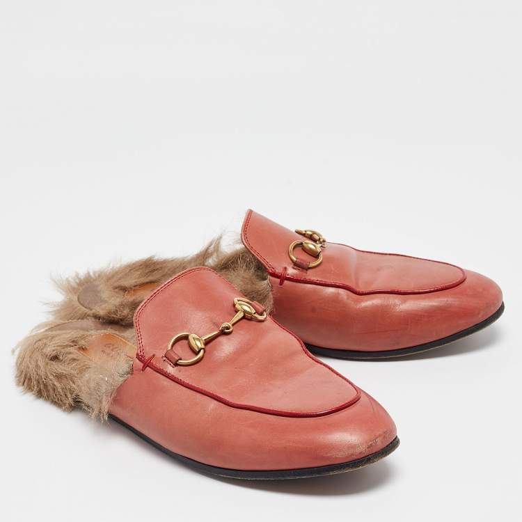 Pre Owned Gucci Pink Leather Princetown Flat Mules Size 37
