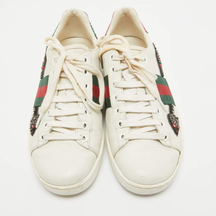 Pre Owned Gucci White Leather Embellished Arrow Ace Sneakers Size 37