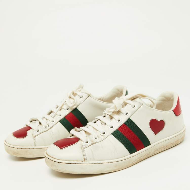 Pre Owned Gucci White Leather Ace Heart Web Low Top Sneakers Size 37